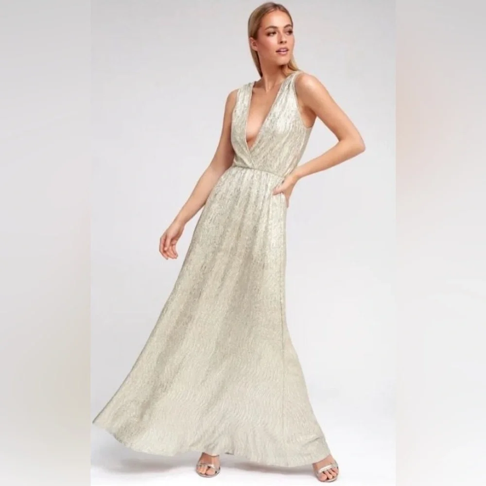 Lulu’s Metallic Champagne Gold V-Neck Evening Dress - Picture 13 of 15
